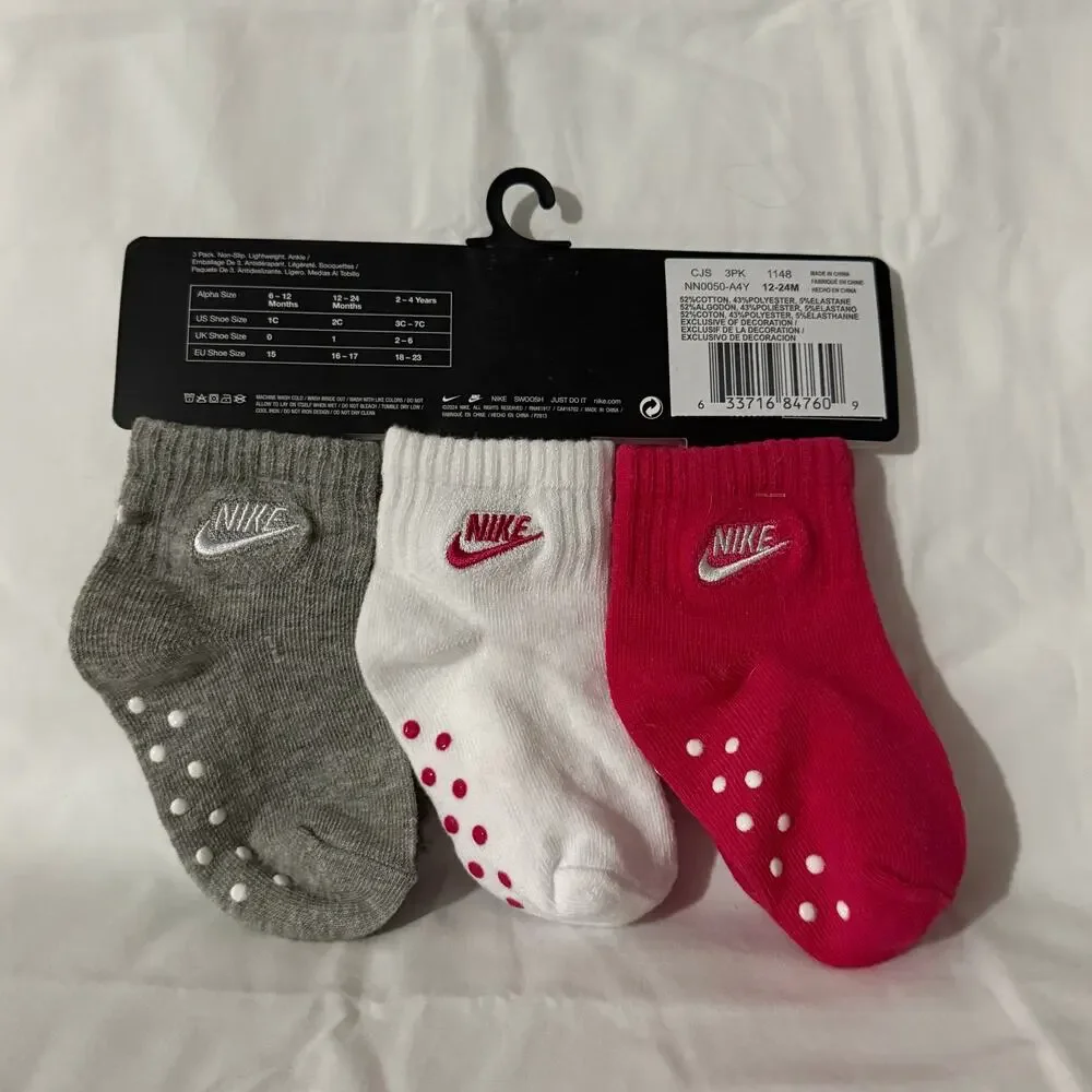 Nike Baby 3 Pk Pink White Grey Ankle No Slip Embroidery Logo Sock Set Sz 12-24 M